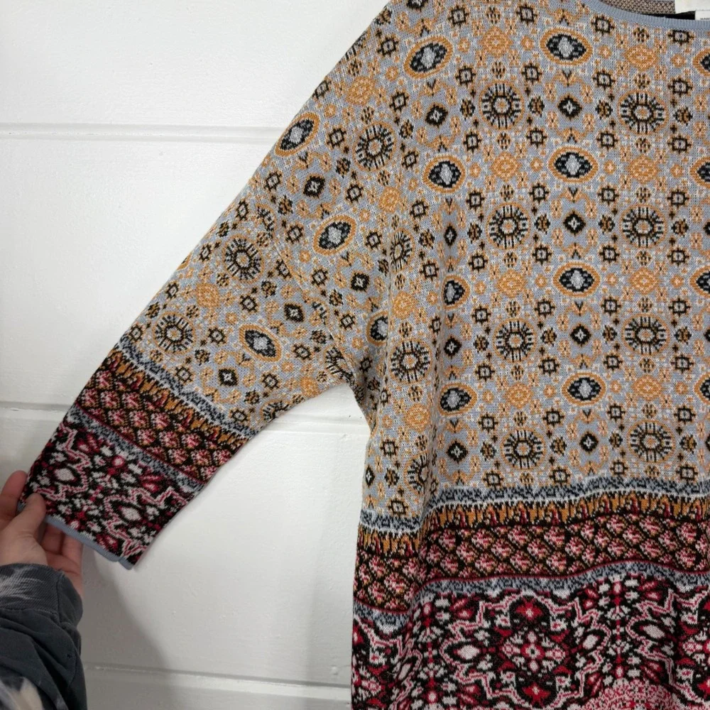 J Jill Large Linen Cotton Knit Sweater 3/4‎ Sleeve Boho Lagenlook Geometric